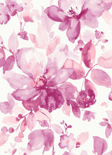 Pink watercolor floral peel and stick wallpaper with large blossoms on a white background