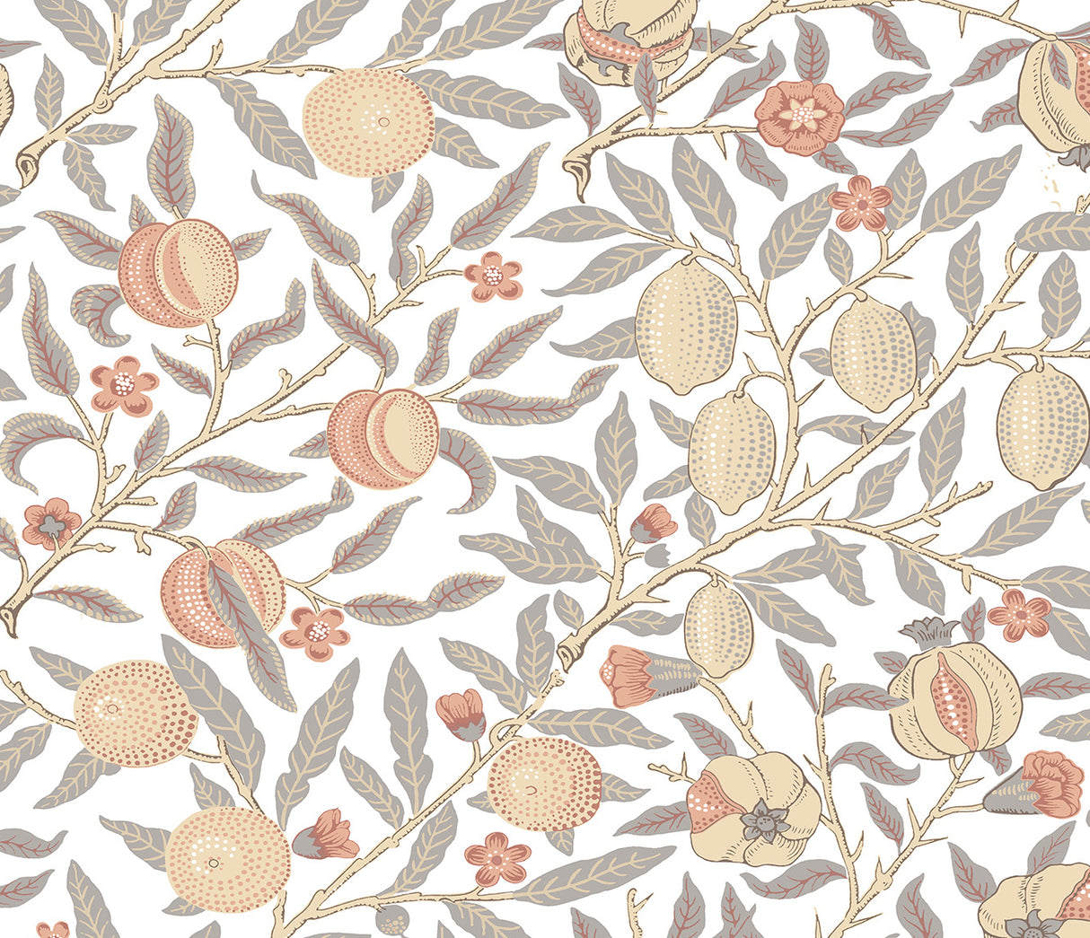Vintage botanical peel and stick wallpaper with pomegranate branches in grey and melon tones on a light background.