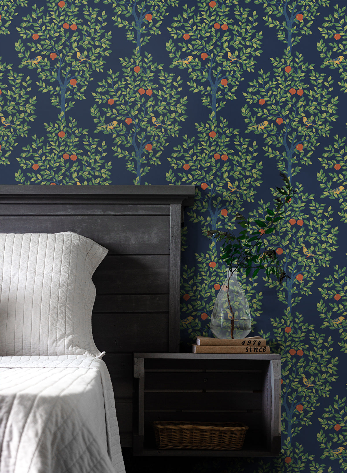 Fruit Tree Navy Blue & Greenery by NextWall Peel & Stick Vintage Botanical Peel & Stick Wallpaper – NextWall NW48102