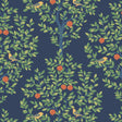 Fruit Tree peel and stick wallpaper with green leafy branches, orange fruit and small birds on a navy background