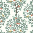 Fruit Tree peel and stick wallpaper in Juniper green with leafy branches, orange fruit, and small birds on a light background