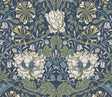 Vintage ogee floral botanical peel and stick wallpaper in indigo blue with sage green and ivory details