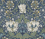 Vintage ogee floral botanical peel and stick wallpaper in indigo blue with sage green and ivory details