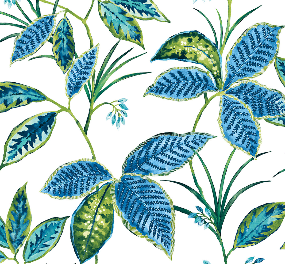 Boho Leaf Trail peel and stick wallpaper in Lagoon blue and green leaves on a white ground