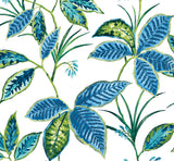 Boho Leaf Trail peel and stick wallpaper in Lagoon blue and green leaves on a white ground