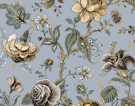 Sanibel Floral Trail peel and stick wallpaper with traditional floral vines and blossoms on a periwinkle background.