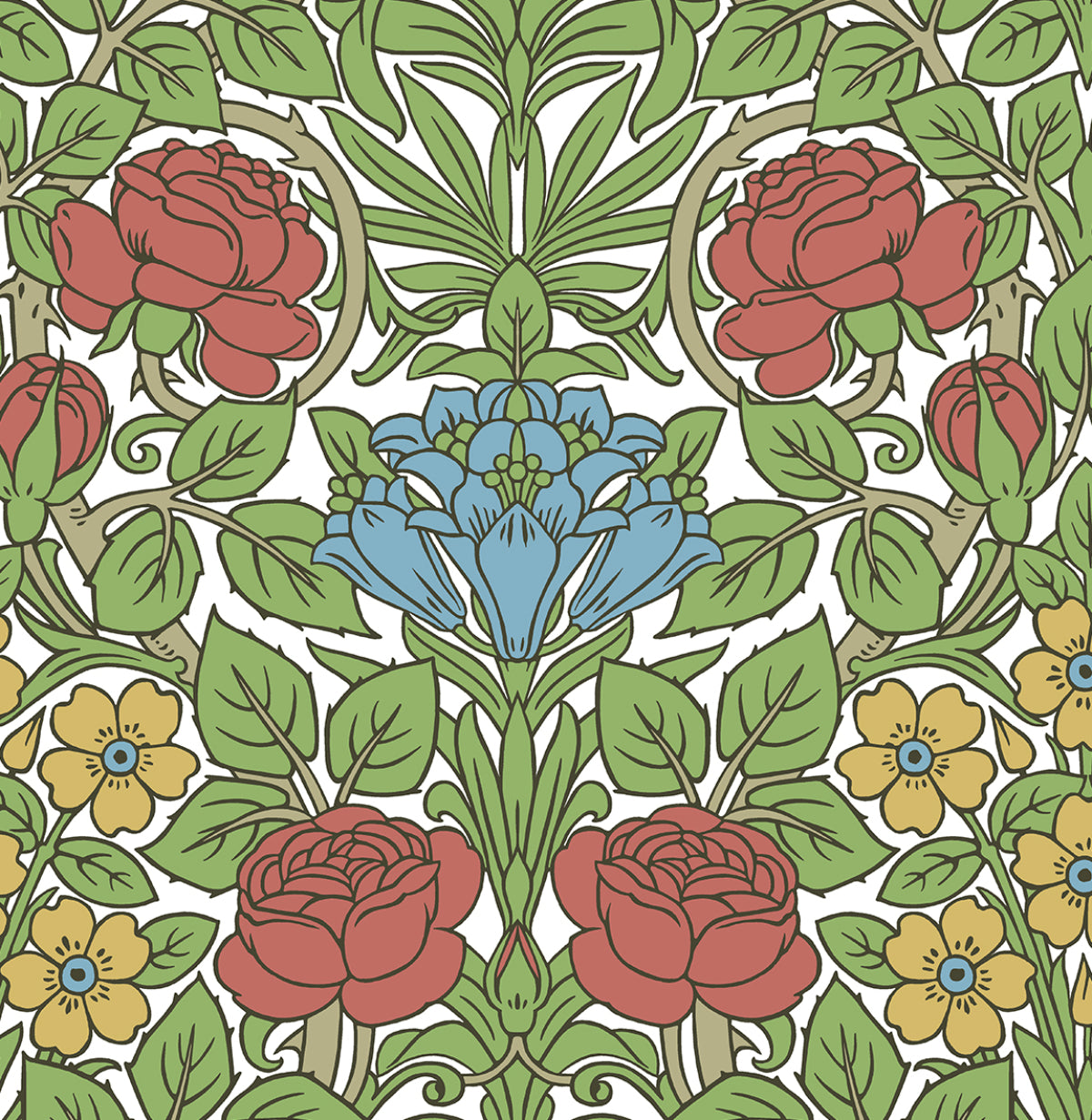 Vintage floral peel and stick wallpaper with red roses, blue flowers, and green foliage on a light background
