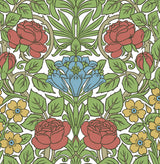 Vintage floral peel and stick wallpaper with red roses, blue flowers, and green foliage on a light background