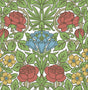 Vintage floral peel and stick wallpaper with red roses, blue flowers, and green foliage on a light background