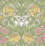 Vintage Rose peel and stick wallpaper in Honey Bee and Posy Pink floral pattern