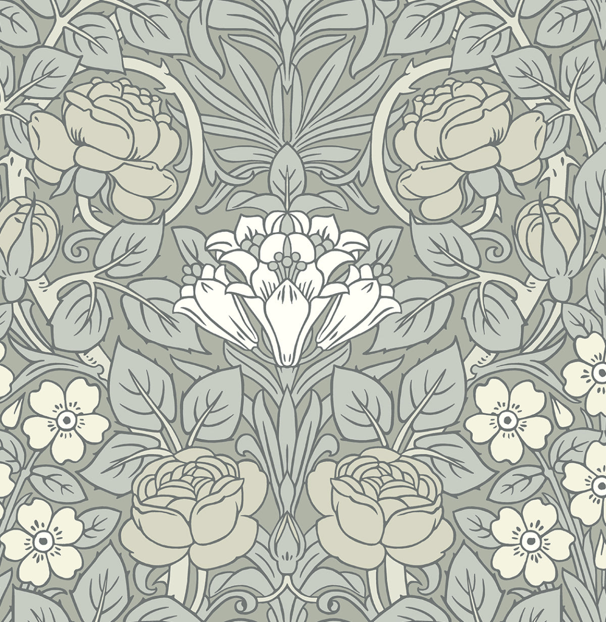 Vintage Rose floral peel and stick wallpaper in Alloy Grey