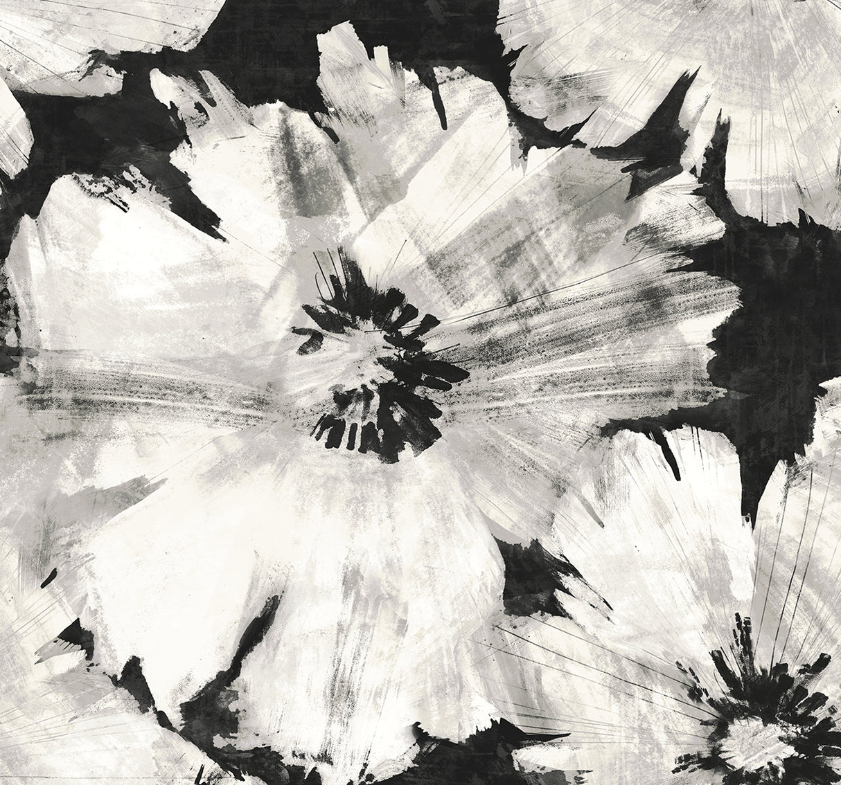 Graphic Floral peel and stick wallpaper in ebony and champagne with oversized painterly flowers