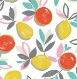 Fruit Toss peel and stick wallpaper in Tropic Sunset with colorful citrus fruit and leaves