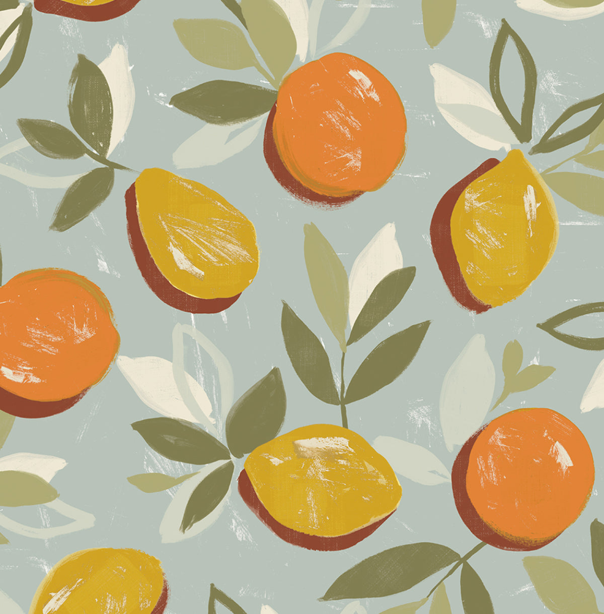 Fruit Toss peel and stick wallpaper in Daydream Grey featuring painted oranges and lemons with leafy branches