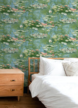 Lily Pond Olive & Sky Blue by NextWall Peel & Stick Impressionistic Water Lily Peel & Stick Wallpaper – NextWall NW50002