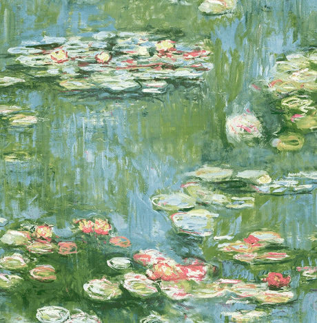 Lily Pond peel and stick wallpaper in olive green and sky blue water lily pond impressionist design by NextWall (NW50002)