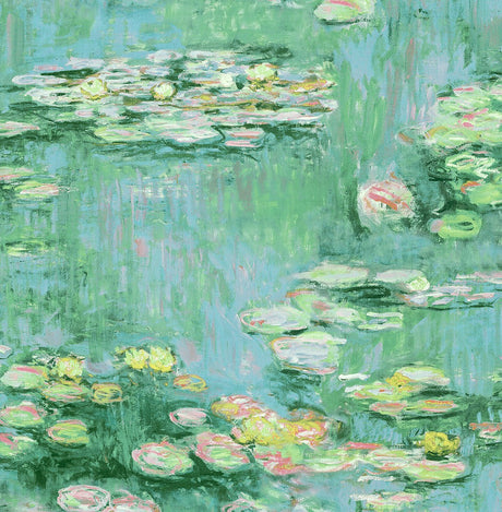 Lily Pond peel and stick wallpaper in hunter green and lakeside with impressionistic water lily design