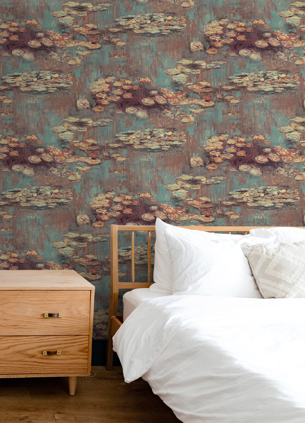 Lily Pond Rust & Deep Sea by NextWall Peel & Stick Impressionistic Floral Peel & Stick Wallpaper – NextWall NW50006