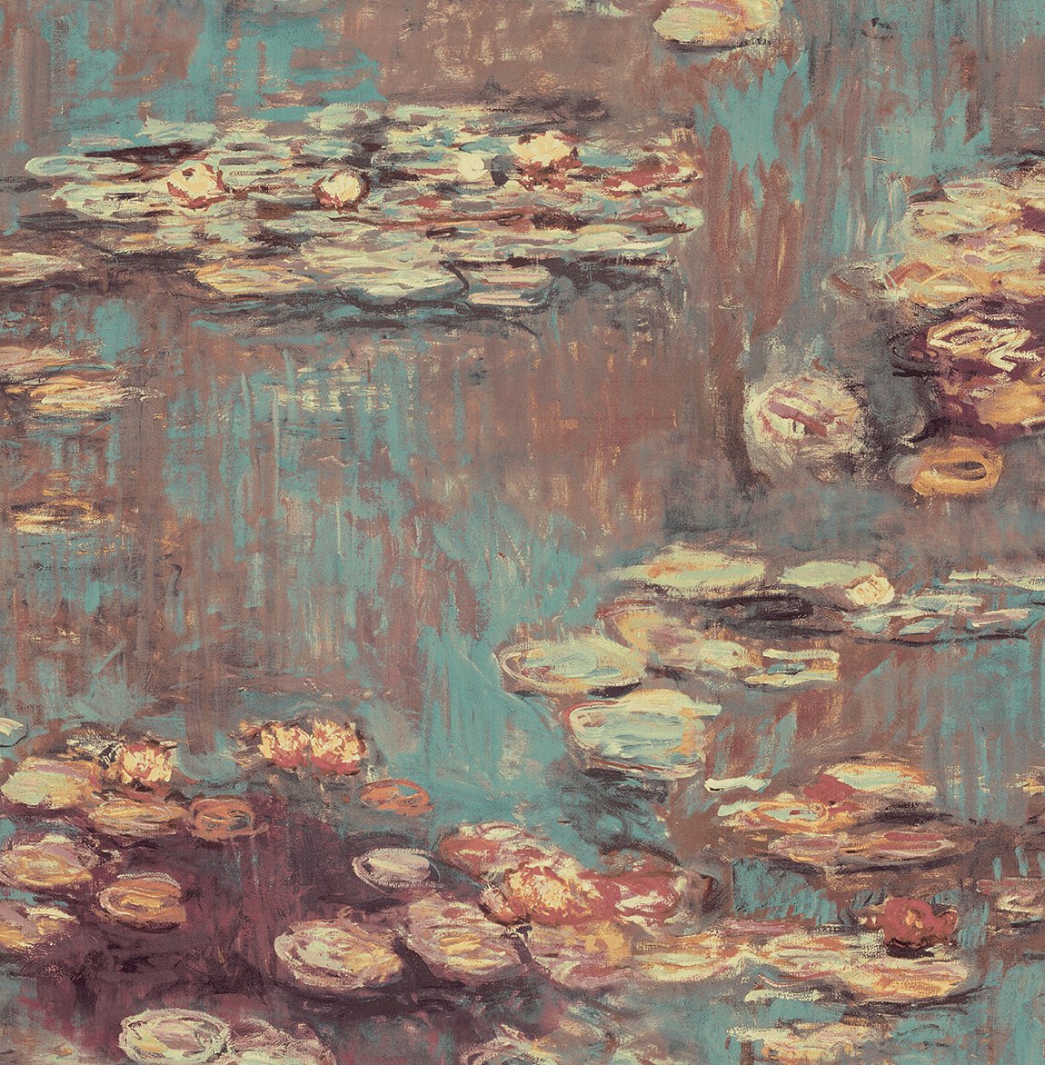 Impressionistic lily pond floral peel and stick wallpaper in rust and deep sea blue tones