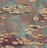 Impressionistic lily pond floral peel and stick wallpaper in rust and deep sea blue tones