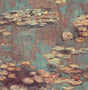 Impressionistic lily pond floral peel and stick wallpaper in rust and deep sea blue tones