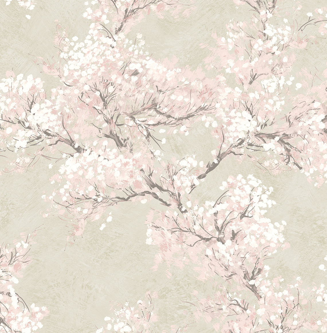 Soft parchment background with impressionistic cherry blossom branches in blush pink and white.