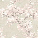 Soft parchment background with impressionistic cherry blossom branches in blush pink and white.