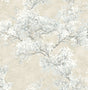 Cherry Blossom Grove peel and stick wallpaper in parchment and morning fog with impressionistic flowering branches
