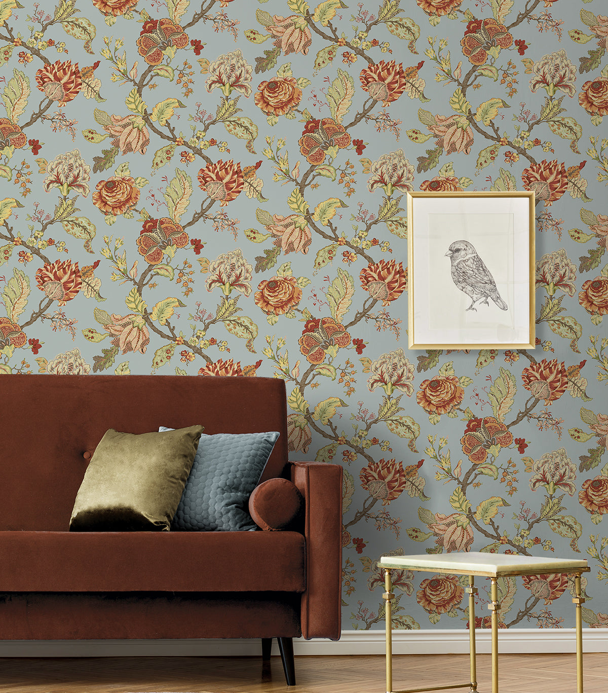 Kianna Jacobean Blue Dusk by NextWall Peel & Stick Jacobean Floral Vinyl Wallpaper – NextWall NW50202