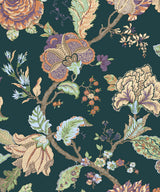 Kianna Jacobean Victorian Jade peel and stick floral wallpaper pattern in green with multicolor botanicals