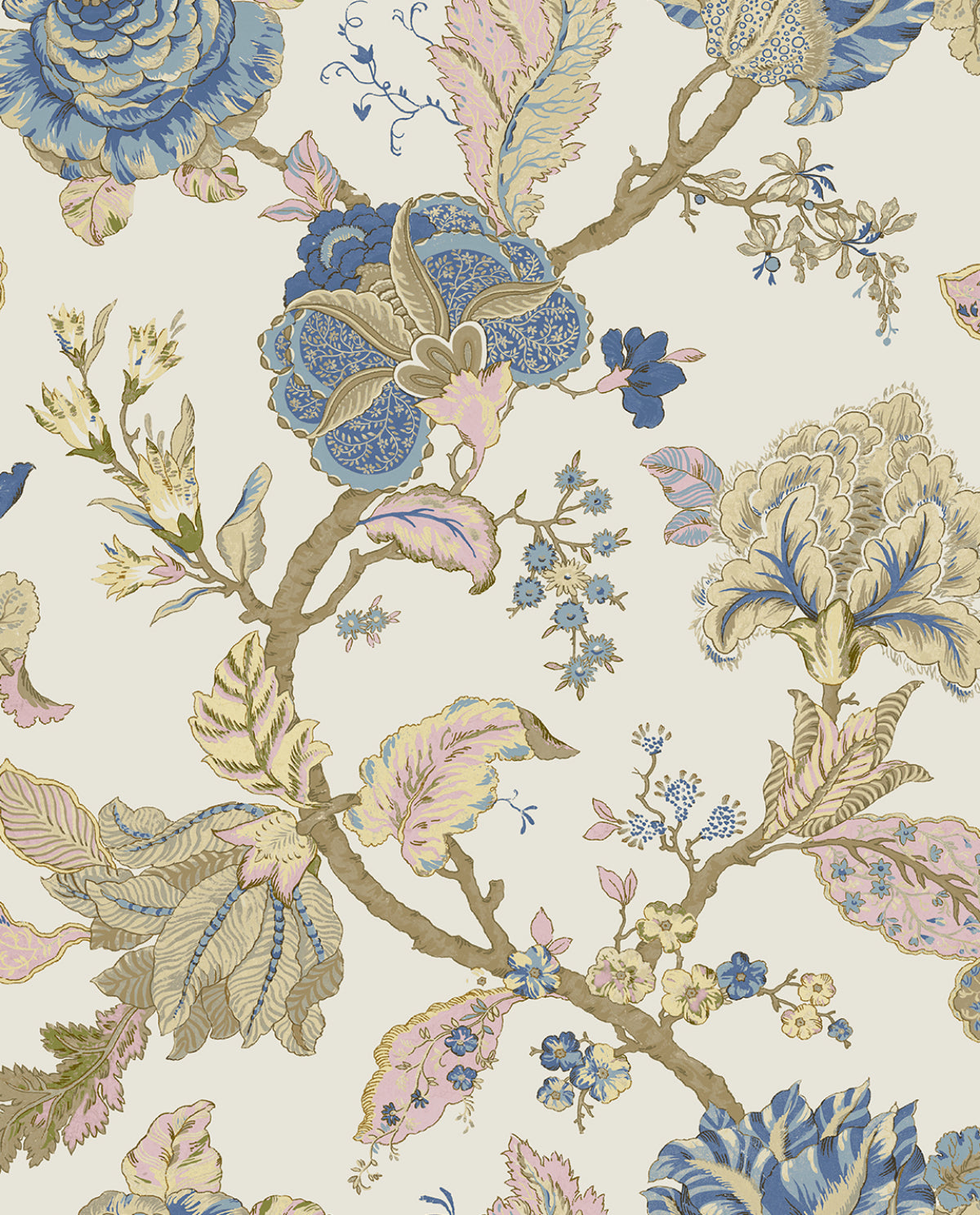 Kianna Jacobean parchment jacobean floral peel and stick wallpaper pattern with blue flowers and neutral leaves