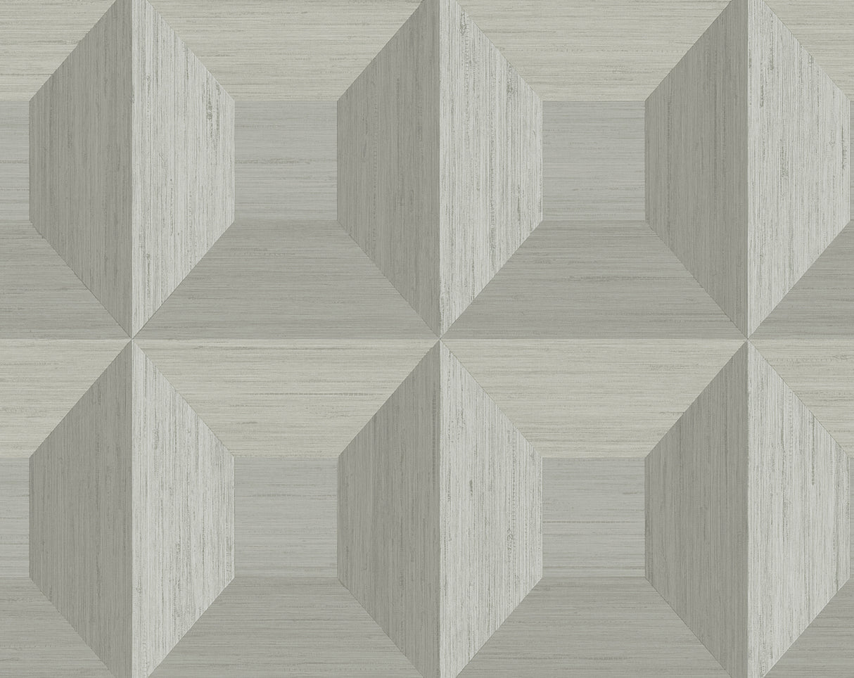 Quadrant Geo peel and stick wallpaper in Daydream Grey with a dimensional geometric block pattern.