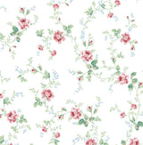 Blossom Floral Trail peel and stick wallpaper in blush pink florals with spearmint green vines on a white ground