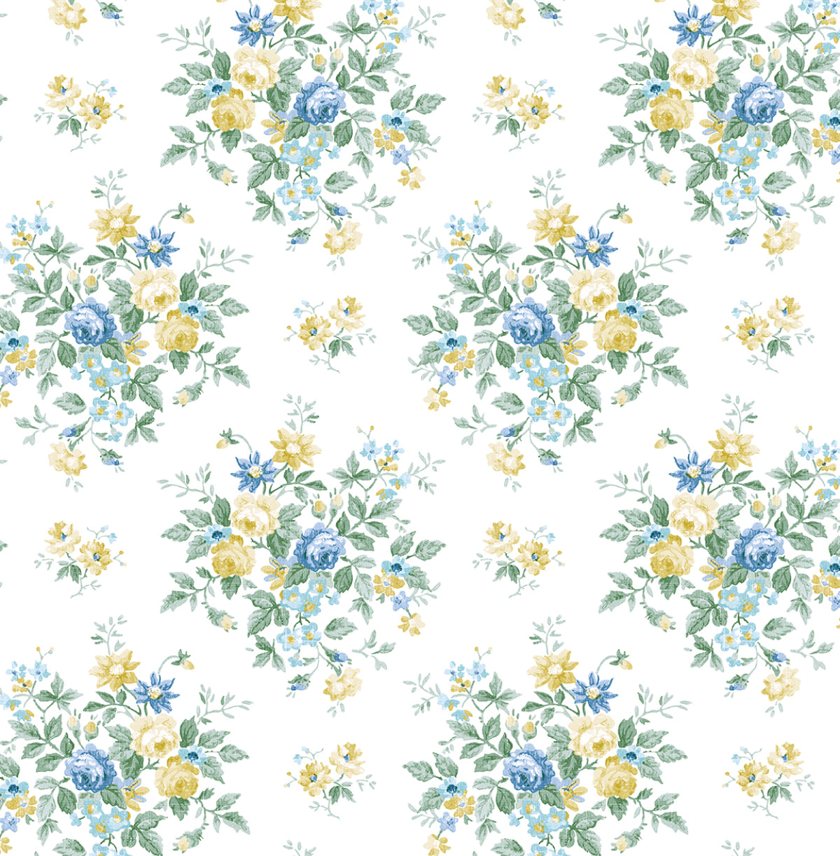 Floral Bunches peel and stick wallpaper pattern with blue and yellow floral bouquets on a white background