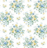 Floral Bunches peel and stick wallpaper pattern with blue and yellow floral bouquets on a white background