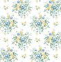 Floral Bunches peel and stick wallpaper pattern with blue and yellow floral bouquets on a white background