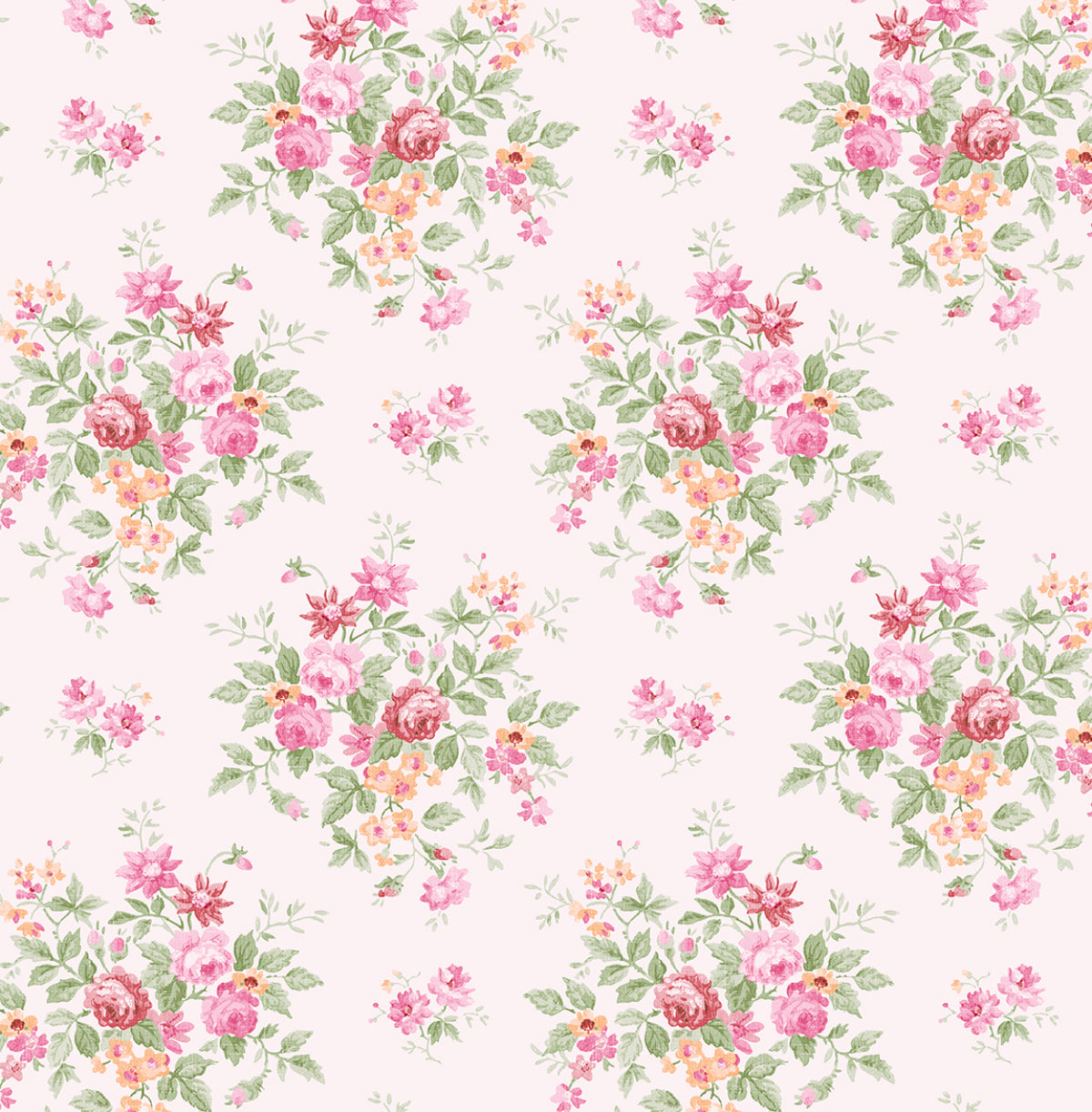 Floral Bunches peel and stick wallpaper in Posy Pink with scattered pink floral bouquets and green leaves on a soft blush ground.