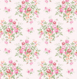 Floral Bunches peel and stick wallpaper in Posy Pink with scattered pink floral bouquets and green leaves on a soft blush ground.