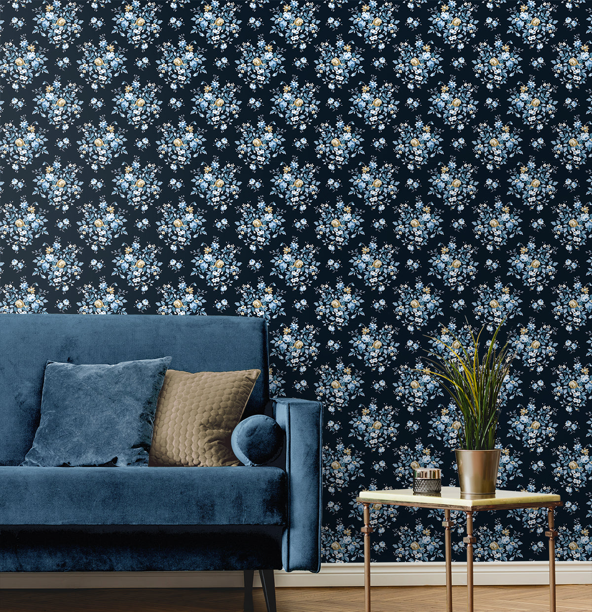 Floral Bunches Midnight Blue & Toffee by NextWall Peel & Stick Floral Wallpaper – NextWall NW50512
