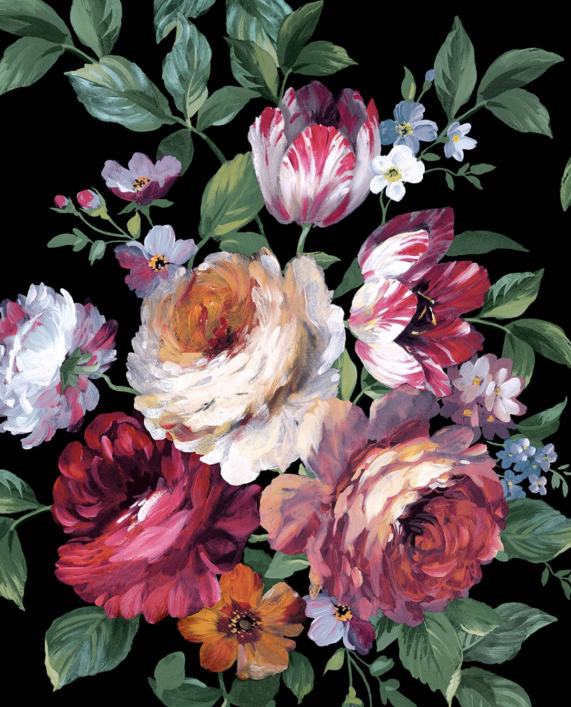 Large Bouquet floral peel and stick wallpaper in black (Ebony & Jewel Box) colorway