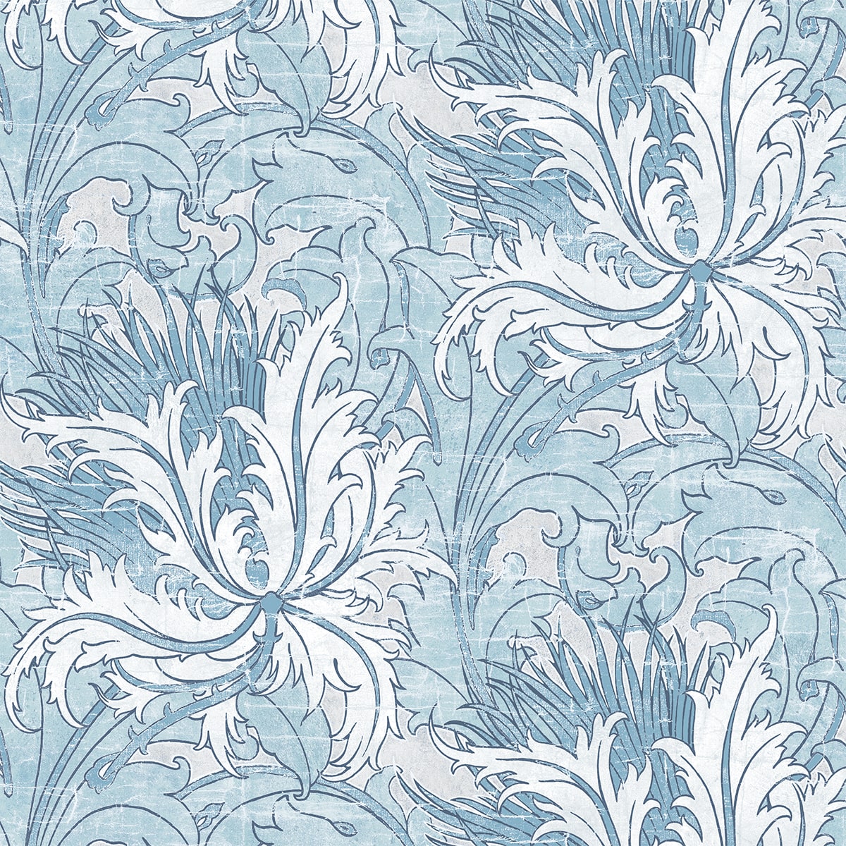 Blue Waterfall vintage floral peel and stick wallpaper pattern in soft blue and white, Floral Folly by NextWall.