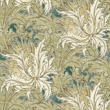 Vintage floral peel and stick wallpaper in juniper green and parchment with large stylized blooms and scrolling leaves.