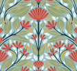 Shalin Folk Floral peel and stick wallpaper in a summer garden palette with coral flowers and green leaves on a blue-green ground.