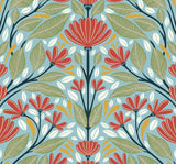 Shalin Folk Floral peel and stick wallpaper in a summer garden palette with coral flowers and green leaves on a blue-green ground.