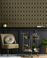 Deco Geometric Arches Ebony & Metallic Gold by NextWall Peel & Stick Geometric Peel & Stick Wallpaper – NextWall NW50900