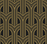 Deco Geometric Arches peel and stick wallpaper in ebony black with metallic gold art deco arches