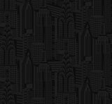 City Skyline peel and stick wallpaper in Cosmic Black with an Art Deco inspired cityscape pattern
