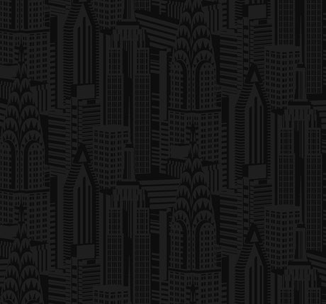 City Skyline peel and stick wallpaper in Cosmic Black with an Art Deco inspired cityscape pattern