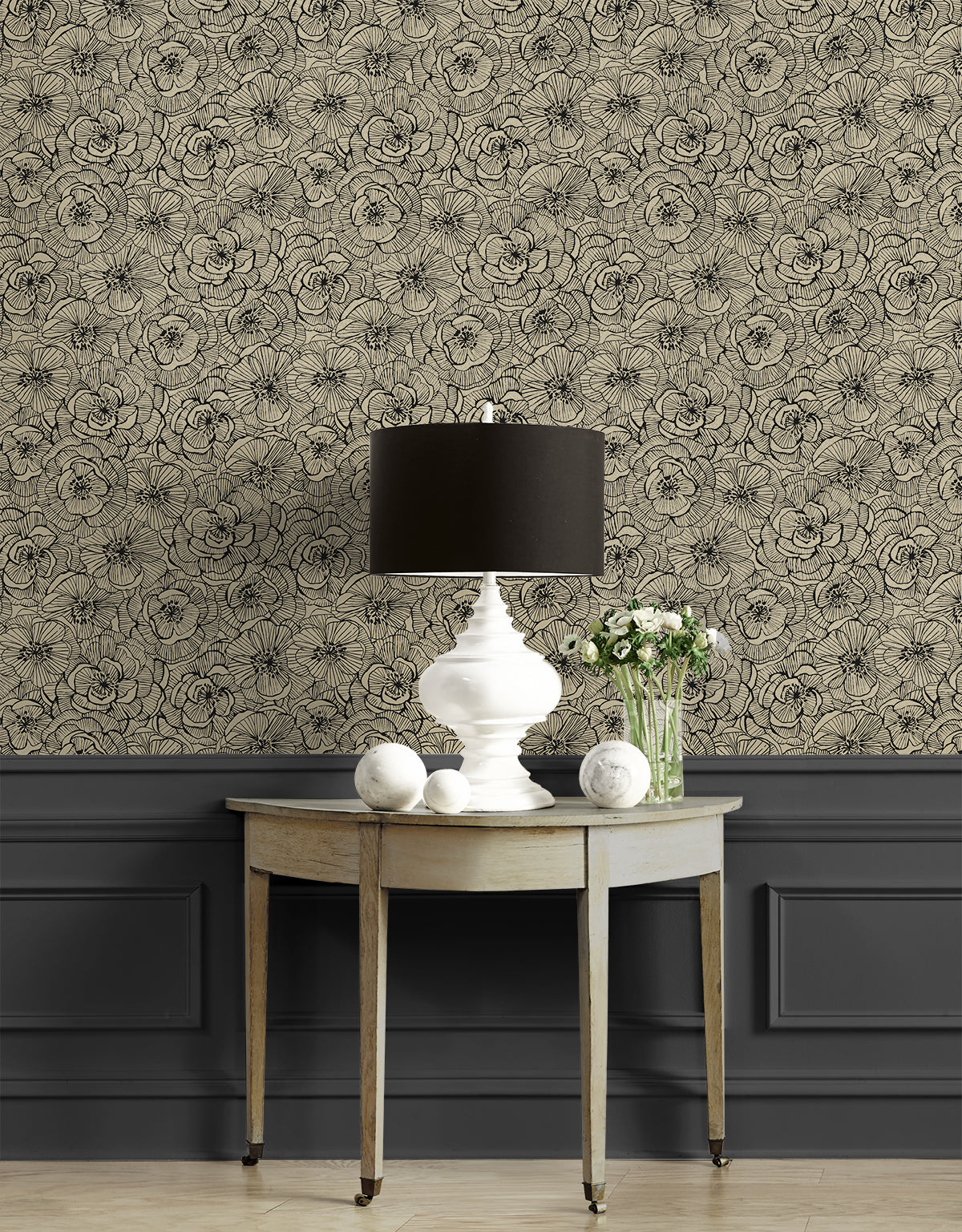 Ellie Graphic Floral Gold Shimmer & Ebony by NextWall Peel & Stick Graphic Floral Wallpaper – NextWall NW51505