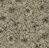 Ellie Graphic Floral peel and stick wallpaper in gold shimmer and ebony with dense outlined floral pattern.
